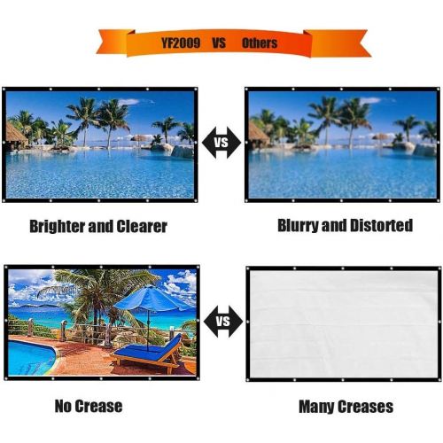  [아마존베스트]YF2009 Updated 150 Inch Portable Projector Screen, 16:9 HD Foldable Anti Crease Indoor Outdoor Movie Projection Screen for Camping/Home Theater/Office/Party - with Hooks and Ropes,