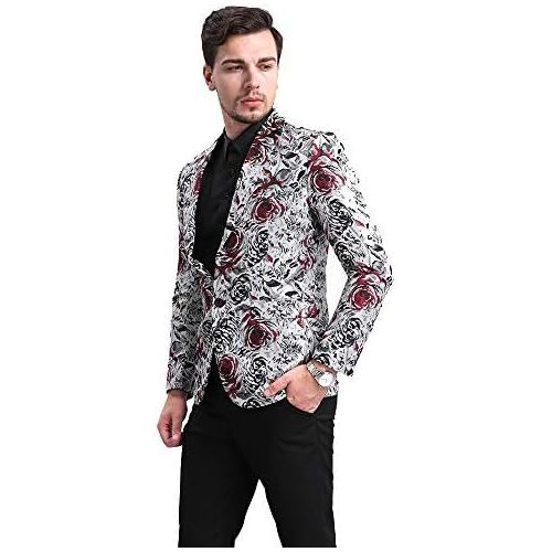  할로윈 용품YFFUSHI Mens Floral Printed Blazer Jackets Slim Fit Notched Lapel Stylish Casual Dress Suits