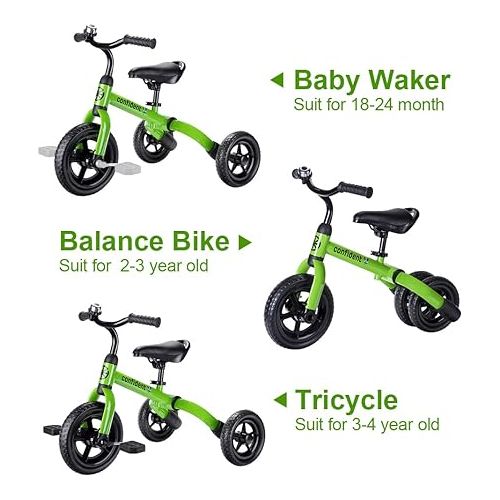  YGJT 3 in 1 Tricycle for Toddlers Age 2-5 Years Old, Folding Kids Balance Bikes with Adjustable Seat and Removable Pedal, Ride-on Toys for Infant, Gift for Baby Boys Girls Birthday(Green)