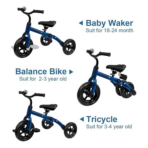  YGJT 3 in 1 Tricycle for Toddlers Age 2-5 Years Old, Folding Kids Balance Bikes with Adjustable Seat and Removable Pedal, Ride-on Toys for Infant, Gift for Baby Boys Girls Birthday(Blue)