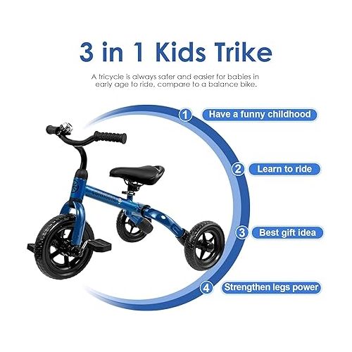  YGJT 3 in 1 Tricycle for Toddlers Age 2-5 Years Old, Folding Kids Balance Bikes with Adjustable Seat and Removable Pedal, Ride-on Toys for Infant, Gift for Baby Boys Girls Birthday(Blue)