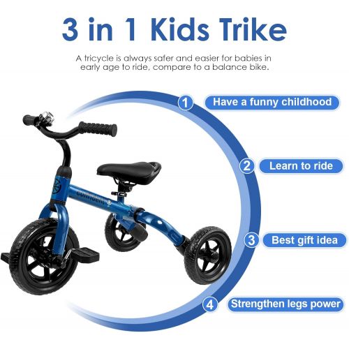  YGJT 3 in 1 Tricycle for Toddlers Age 2-4 Year Old, Folding Kids Bikes with Adjustable Seat and Removable Pedal, Ride-on Toys for Infant, Gift for Baby Boys Girls Birthday(Blue)