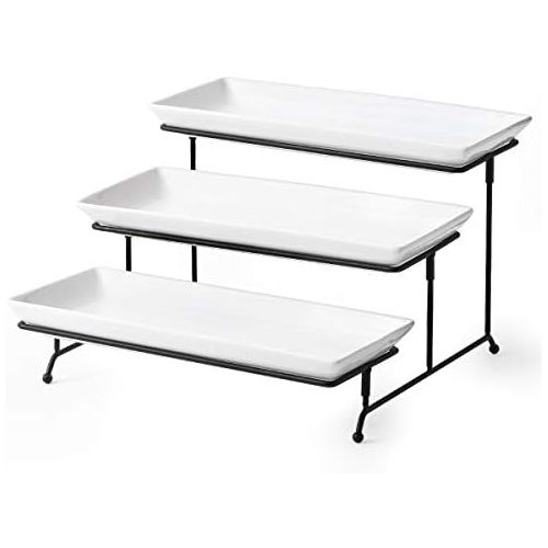  YHOSSEUN 3 Tier Serving Stand Tiered Serving Stand With 3 Porcelain Serving Platters Trays For Dessert Server Display Collapsible Sturdier Metal Rack Large size 14 inch