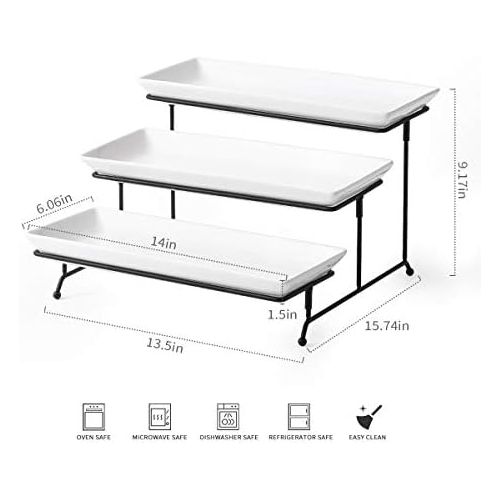  YHOSSEUN 3 Tier Serving Stand Tiered Serving Stand With 3 Porcelain Serving Platters Trays For Dessert Server Display Collapsible Sturdier Metal Rack Large size 14 inch