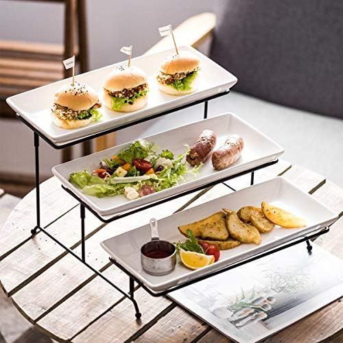  YHOSSEUN 3 Tier Serving Stand Tiered Serving Stand With 3 Porcelain Serving Platters Trays For Dessert Server Display Collapsible Sturdier Metal Rack Large size 14 inch