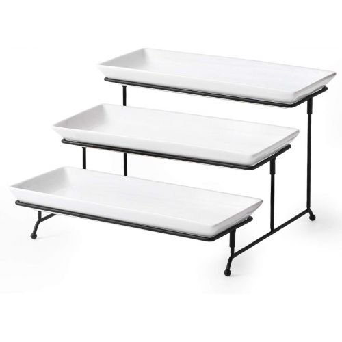  YHOSSEUN 3 Tier Serving Stand Tiered Serving Stand With 3 Porcelain Serving Platters Trays For Dessert Server Display Collapsible Sturdier Metal Rack Large size 14 inch