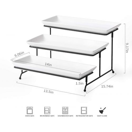  YHOSSEUN 3 Tier Serving Stand Tiered Serving Stand With 3 Porcelain Serving Platters Trays For Dessert Server Display Collapsible Sturdier Metal Rack Large size 14 inch