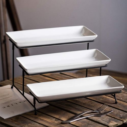  YHOSSEUN 3 Tier Serving Stand Tiered Serving Stand With 3 Porcelain Serving Platters Trays For Dessert Server Display Collapsible Sturdier Metal Rack Large size 14 inch