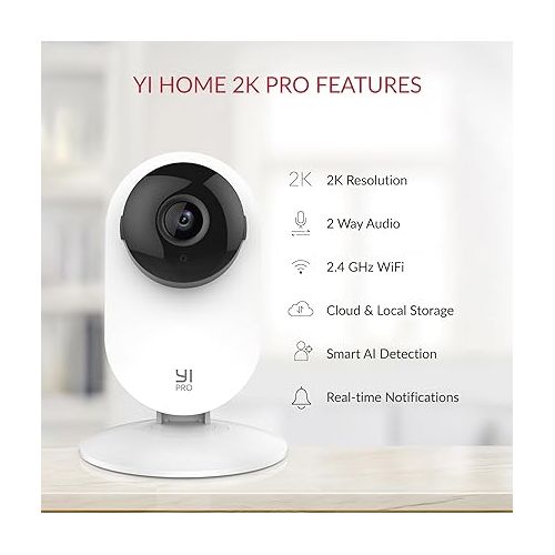  YI Pro 2K Home Security Camera, 2.4Ghz Indoor Camera with Person, Vehicle, Animal Smart Detection, Phone App for Baby, Pet, Dog Monitoring, Compatible with Alexa and Google Assistant