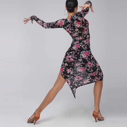  YILINFEIER Women Flower High Slit Slim-fitting Sexy Latin Dance Dress for Ballroom Waltz Tango Samba