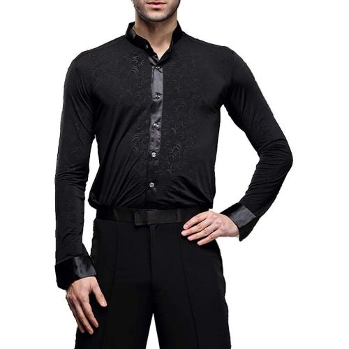  YILINFEIER Men Professional Noble Dark Stripe Long Sleeves Lapel and Stand Collar Cotton Latin Salsa Samba Chacha Modern Dance Shirts