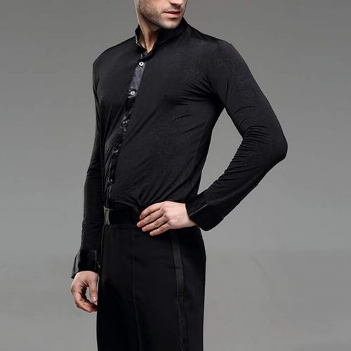  YILINFEIER Men Professional Noble Dark Stripe Long Sleeves Lapel and Stand Collar Cotton Latin Salsa Samba Chacha Modern Dance Shirts