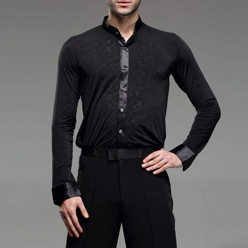  YILINFEIER Men Professional Noble Dark Stripe Long Sleeves Lapel and Stand Collar Cotton Latin Salsa Samba Chacha Modern Dance Shirts