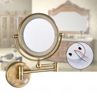 YIRE Bathroom mirror Bathroom Mirror, Rechargeable with Led Light Makeup Mirror Folding Wall Mounted Retractable Bathroom Wall Double Sided Magnifier (Color : Brass, Size : Concealed)