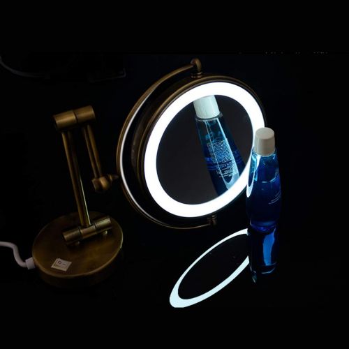  YIRE Bathroom mirror Bathroom Mirror, Rechargeable with Led Light Makeup Mirror Folding Wall Mounted Retractable Bathroom Wall Double Sided Magnifier (Color : Brass, Size : Concealed)