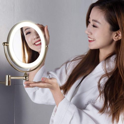  YIRE Bathroom mirror Bathroom Mirror, Rechargeable with Led Light Makeup Mirror Folding Wall Mounted Retractable Bathroom Wall Double Sided Magnifier (Color : Brass, Size : Concealed)