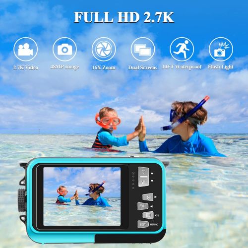  YISENCE Waterproof Digital Camera Underwater Camera Full HD 2.7K 48 MP Video Recorder Selfie Dual Screens 16X Digital Zoom Flashlight Waterproof Camera for Snorkeling (DV806)