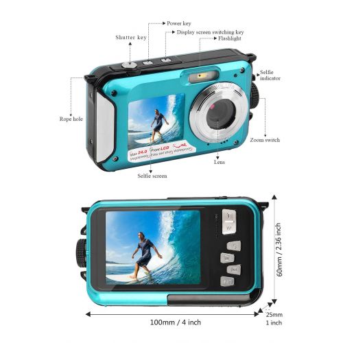  YISENCE Waterproof Digital Camera Underwater Camera 24 MP Video Recorder Full HD 1080P Selfie Dual Screen Waterproof Camera DV Recording Point and Shoot Digital Camera