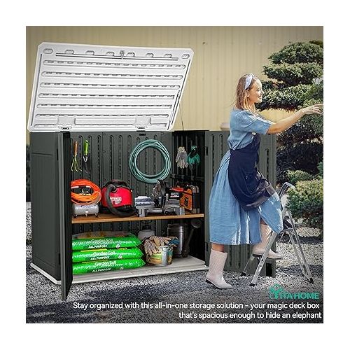  YITAHOME Extra Large Outdoor Horizontal Storage Shed, 4.5x4ft Resin Tool Sheds w/o Shelf, Easy to Assemble Waterproof Storage for Trash Cans, Garden Tools, Lawn Mower, Lockable, Dark Gray