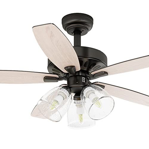  YITAHOME Farmhouse Ceiling Fan with Light and Remote, 52 Inch Outdoor Fan Ceiling with Clear Seeded Glass Light Kit, Quiet Reversible Motor, 3 Speed, Timer (Oak and Black)