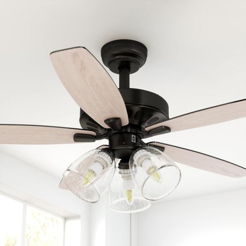  YITAHOME Farmhouse Ceiling Fan with Light and Remote, 52 Inch Outdoor Fan Ceiling with Clear Seeded Glass Light Kit, Quiet Reversible Motor, 3 Speed, Timer (Oak and Black)