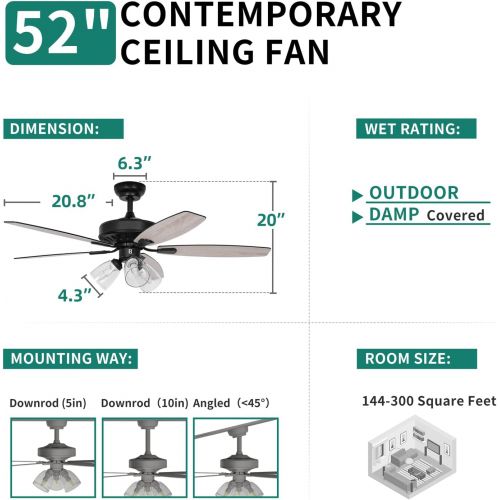  YITAHOME Farmhouse Ceiling Fan with Light and Remote, 52 Inch Outdoor Fan Ceiling with Clear Seeded Glass Light Kit, Quiet Reversible Motor, 3 Speed, Timer (Oak and Black)