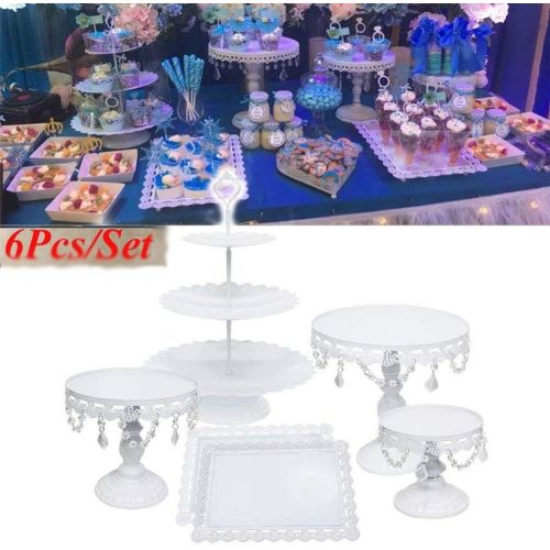  [아마존 핫딜] YIYIBYUS Cake Stands, 6 pcs Metal Crystal Cake Holder Cupcake Stands with Pendants and Beads Cake Stand Dessert, Wedding Birthday Dessert Cupcake Pedestal Display, White USA STOCK (6, white