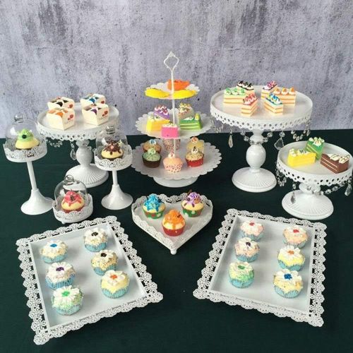  [아마존 핫딜] YIYIBYUS Cake Stands, 6 pcs Metal Crystal Cake Holder Cupcake Stands with Pendants and Beads Cake Stand Dessert, Wedding Birthday Dessert Cupcake Pedestal Display, White USA STOCK (6, white