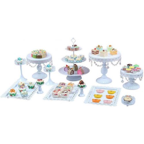  YIYIBYUS Cake Stands, 12 pcs Metal Crystal Cake Holder Cupcake Stands with Pendants and Beads Cake Stand Dessert, Wedding Birthday Dessert Cupcake Pedestal Display, White USA STOCK (12, whi