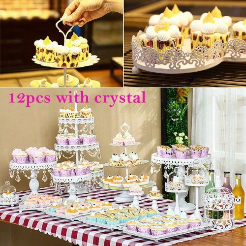  YIYIBYUS Cake Stands, 12 pcs Metal Crystal Cake Holder Cupcake Stands with Pendants and Beads Cake Stand Dessert, Wedding Birthday Dessert Cupcake Pedestal Display, White USA STOCK (12, whi