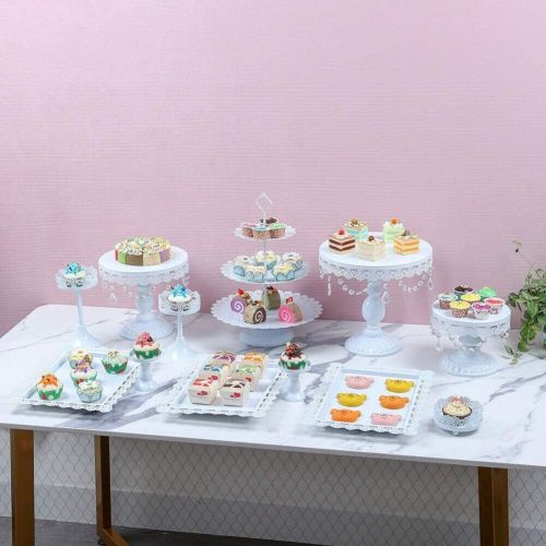  YIYIBYUS Cake Stands, 12 pcs Metal Crystal Cake Holder Cupcake Stands with Pendants and Beads Cake Stand Dessert, Wedding Birthday Dessert Cupcake Pedestal Display, White USA STOCK (12, whi