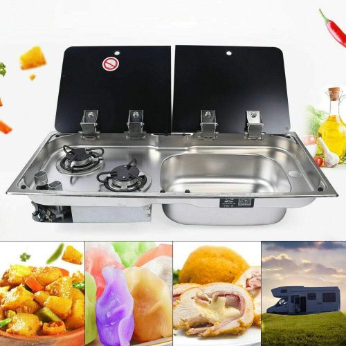  YIYIBYUS Gas Camping Stove RV Camper 2 Burners Boat Caravan LPG Gas Stove Hob and Sink Comb RV Cooktop Stove with 2 Tempered Glass Lid