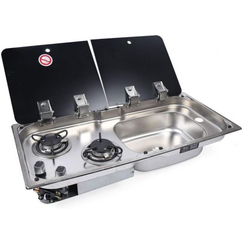  YIYIBYUS Gas Camping Stove RV Camper 2 Burners Boat Caravan LPG Gas Stove Hob and Sink Comb RV Cooktop Stove with 2 Tempered Glass Lid