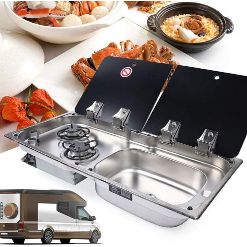  YIYIBYUS Gas Camping Stove RV Camper 2 Burners Boat Caravan LPG Gas Stove Hob and Sink Comb RV Cooktop Stove with 2 Tempered Glass Lid