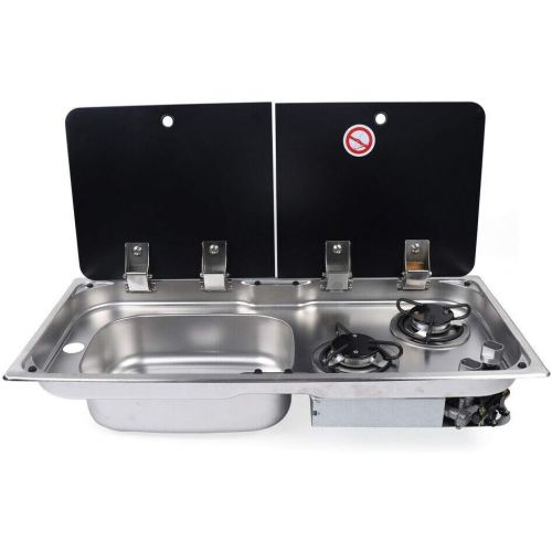  YIYIBYUS Gas Camping Stove RV Camper 2 Burners Boat Caravan LPG Gas Stove Hob and Sink Comb RV Cooktop Stove with 2 Tempered Glass Lid