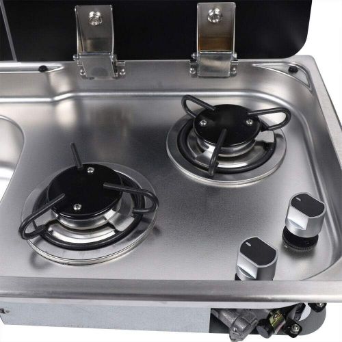  YIYIBYUS Gas Camping Stove RV Camper 2 Burners Boat Caravan LPG Gas Stove Hob and Sink Comb RV Cooktop Stove with 2 Tempered Glass Lid