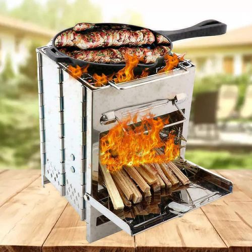  YIYIBYUS Folding Stainless Steel Wood Burning Stove Square Outdoor Grill Wood Stove Home Outdoor Hiking Camping Survival Picnic Portable Barbecue Grill Silver