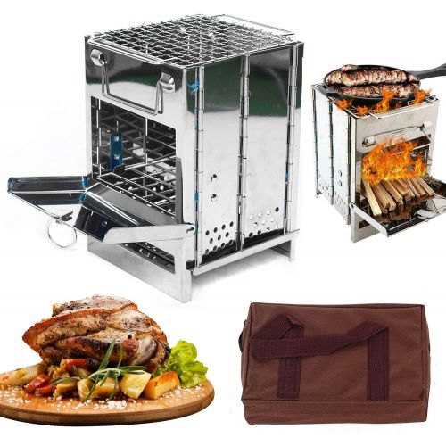  YIYIBYUS Folding Stainless Steel Wood Burning Stove Square Outdoor Grill Wood Stove Home Outdoor Hiking Camping Survival Picnic Portable Barbecue Grill Silver