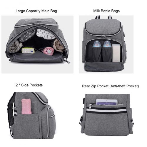  YIcabinet Backpack Diaper Bag Baby Bags Gray Multifunction Travel Backpack USB Port Headphone Plug with...