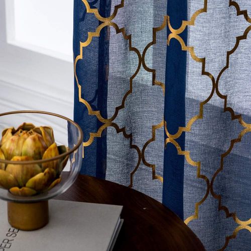  [아마존베스트]YJ YANJUN Navy Blue Sheer Curtains 63 inch Moroccan Trellis Pattern Foil Voile Window Treatment