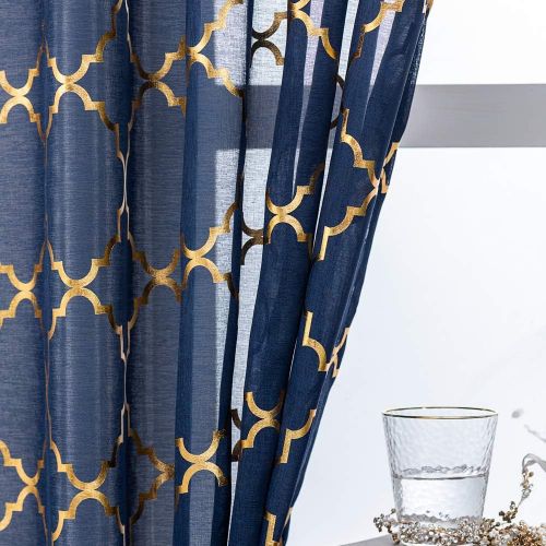  [아마존베스트]YJ YANJUN Navy Blue Sheer Curtains 63 inch Moroccan Trellis Pattern Foil Voile Window Treatment