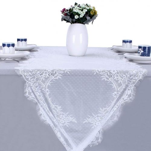  YJBear 6 PCS Exquisite Hollowed-Out Mesh Table Lace Runner with Ribbon Table Cloth Vintage Boho Thanksgiving Christmas Wedding Banquet Bridal Shower Party Decoration Table Decor Wh