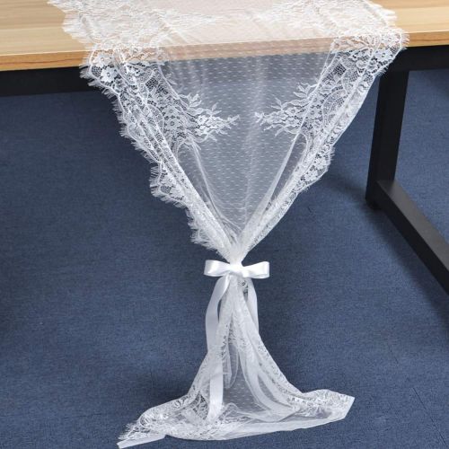  YJBear 6 PCS Exquisite Hollowed-Out Mesh Table Lace Runner with Ribbon Table Cloth Vintage Boho Thanksgiving Christmas Wedding Banquet Bridal Shower Party Decoration Table Decor Wh