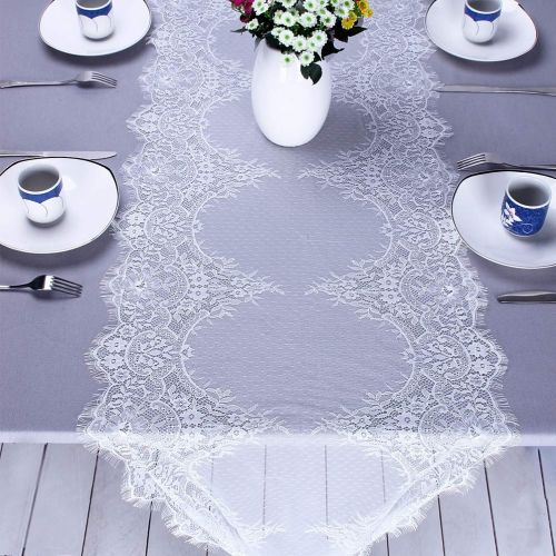  YJBear 6 PCS Exquisite Hollowed-Out Mesh Table Lace Runner with Ribbon Table Cloth Vintage Boho Thanksgiving Christmas Wedding Banquet Bridal Shower Party Decoration Table Decor Wh