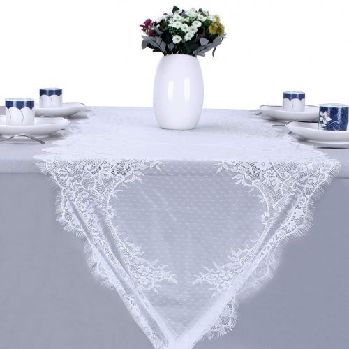  YJBear 8 PCS Exquisite Hollowed-Out Mesh Table Lace Runner with Ribbon Table Cloth Vintage Boho Thanksgiving Christmas Wedding Banquet Bridal Shower Party Decoration Table Decor Wh