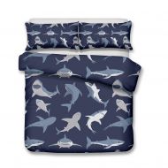 YJBear 3 Piece Christmas Brushed Bedding Set Lovely Sea Shark Printed Quilt Coverlet Set for Boys Toddlers Bedroom Navy Blue, 1 x Duvet Cover and 2 x Pillowcases, US Full Size