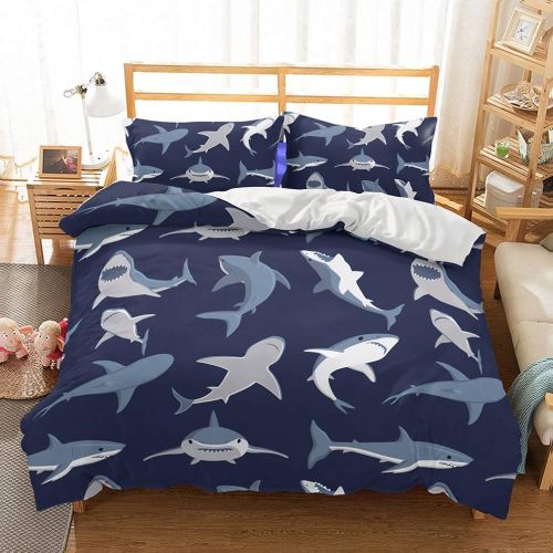  YJBear 3 Piece Christmas Brushed Bedding Set Deep Sea Big Shark Triangle Printed Quilt Coverlet Set for Boys Toddlers Bedroom Blue, 1 x Duvet Cover and 2 x Pillowcases, US King Siz