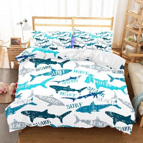  YJBear 3 Piece Christmas Brushed Bedding Set Deep Sea Big Shark Triangle Printed Quilt Coverlet Set for Boys Toddlers Bedroom Blue, 1 x Duvet Cover and 2 x Pillowcases, US King Siz