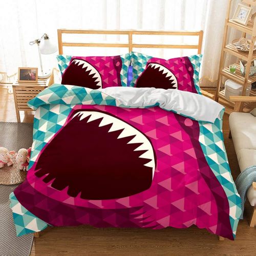  YJBear 3 Piece Christmas Brushed Bedding Set Deep Sea Big Shark Triangle Printed Quilt Coverlet Set for Boys Toddlers Bedroom Blue, 1 x Duvet Cover and 2 x Pillowcases, US King Siz