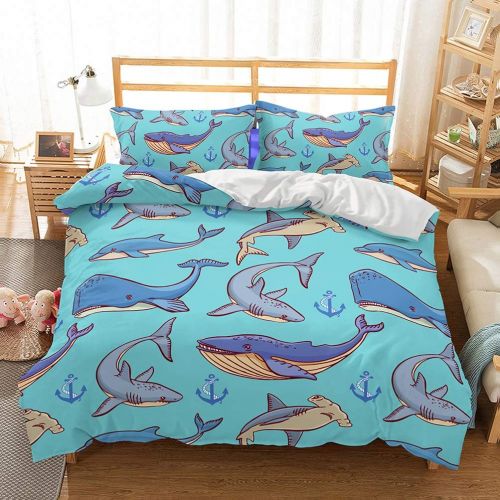  YJBear 3 Piece Christmas Brushed Bedding Set Deep Sea Big Shark Triangle Printed Quilt Coverlet Set for Boys Toddlers Bedroom Blue, 1 x Duvet Cover and 2 x Pillowcases, US King Siz